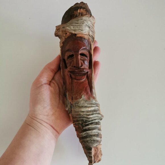 Handcarved Wood Tree Spirit Old Man Wizard Wooden Signed Carving Statue 10" - Picture 5 of 9